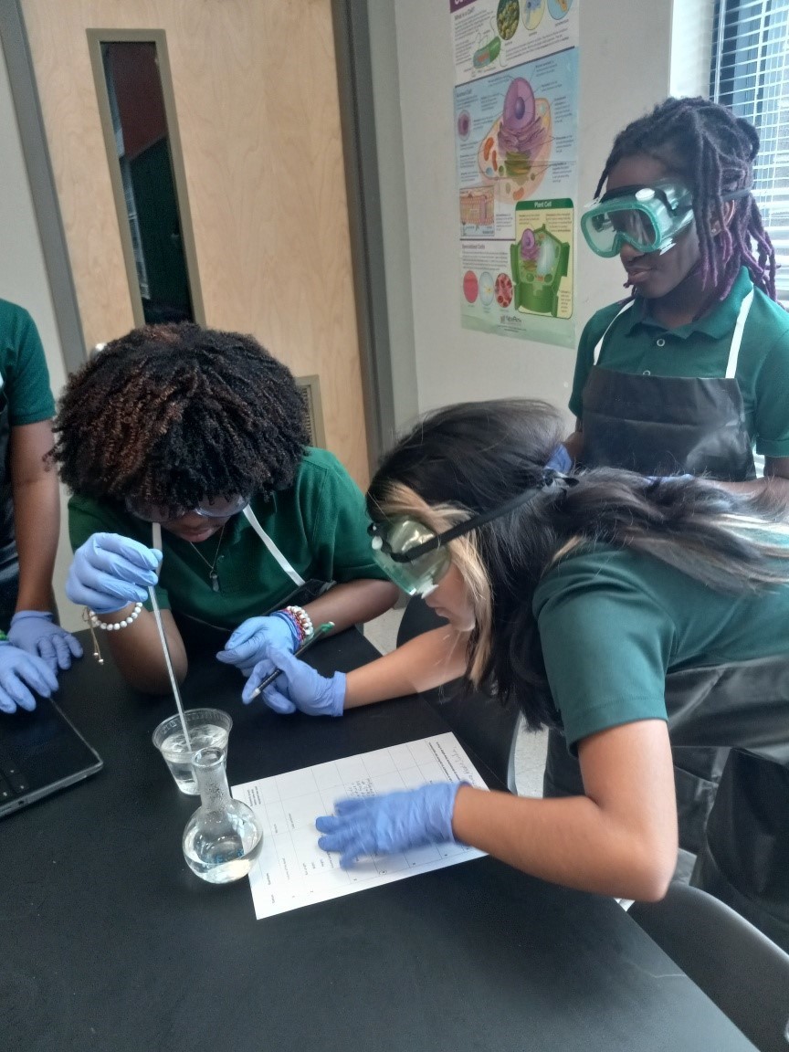 Students taking data from a thermometer during a lab. 
